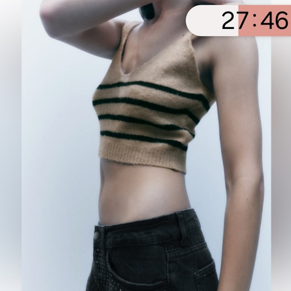 ZARA cropped sweater tank top stripe black beige Medium Soft fuzzy deep V